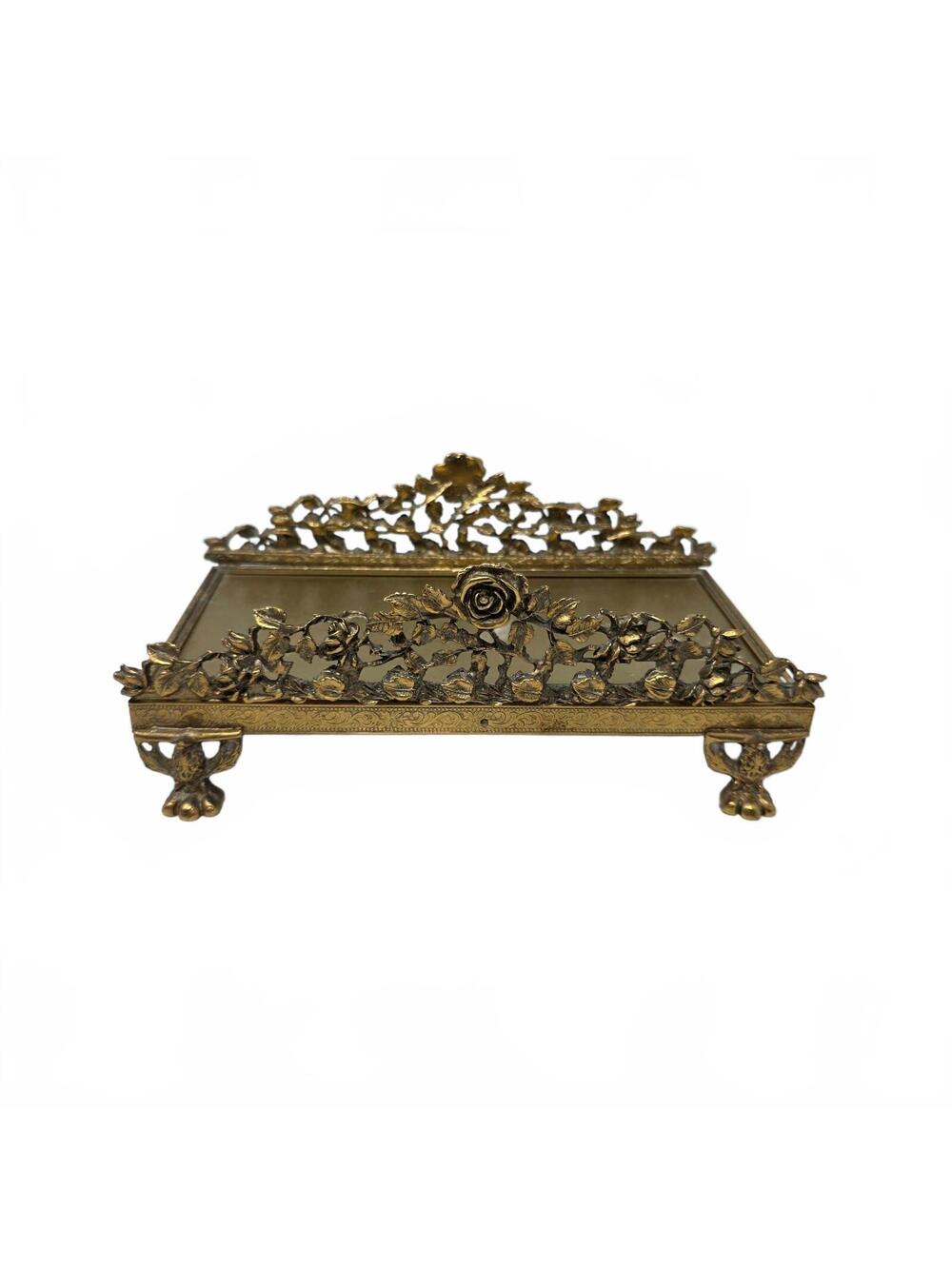 Vintage Matson Style Rose Guest Towel Holder Gold Tone Footed Vanity Tray